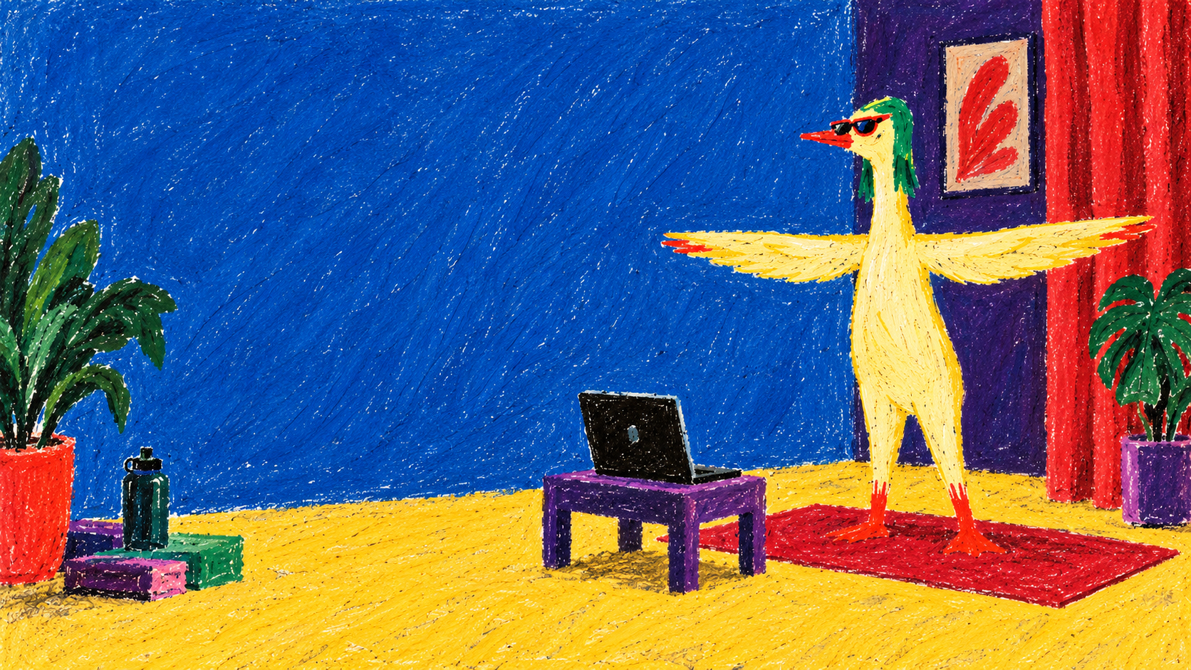 The YogaMiga bird standing in its clear practice space beside a laptop.
